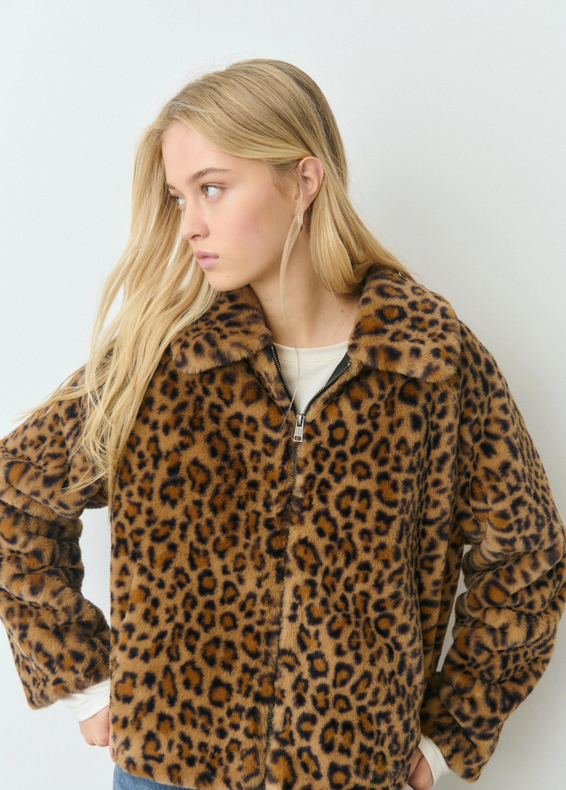 Animal print faux fur coat