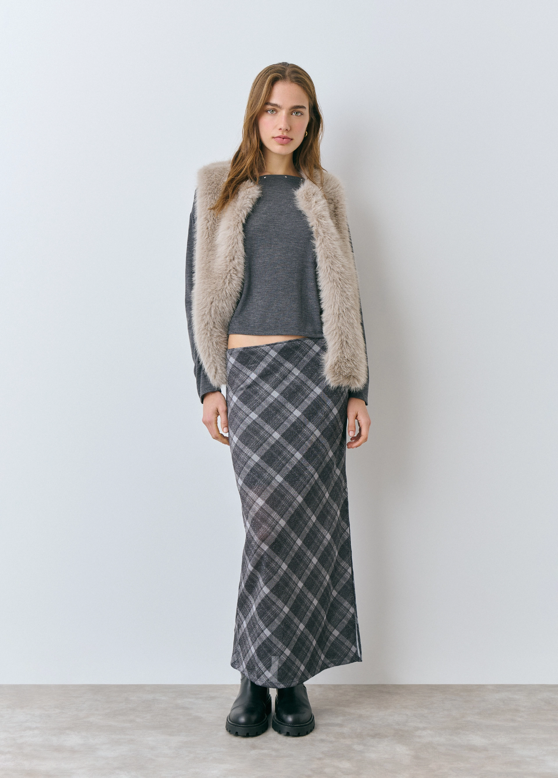 Long checked metallic skirt