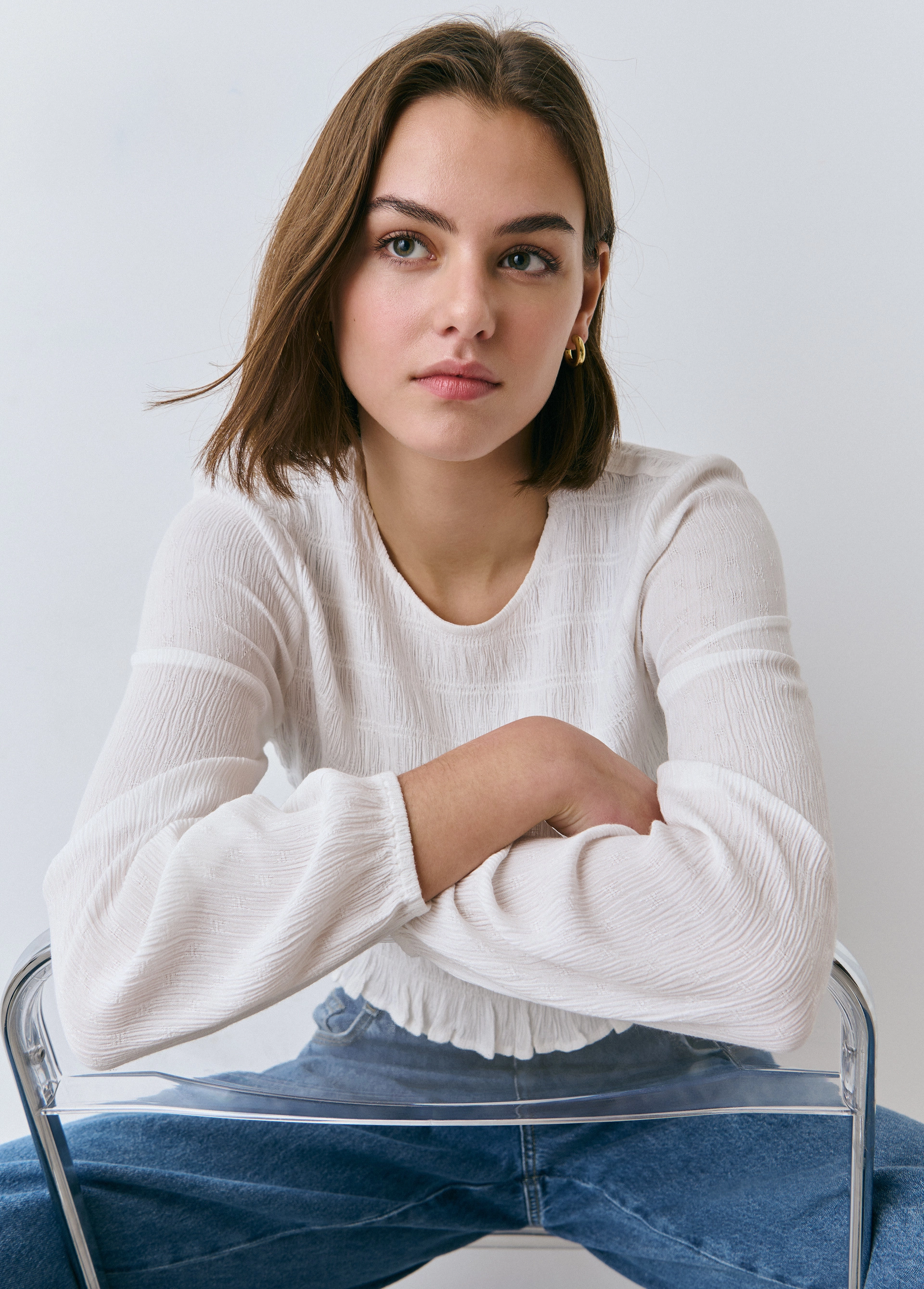 Smocked long-sleeved blouse