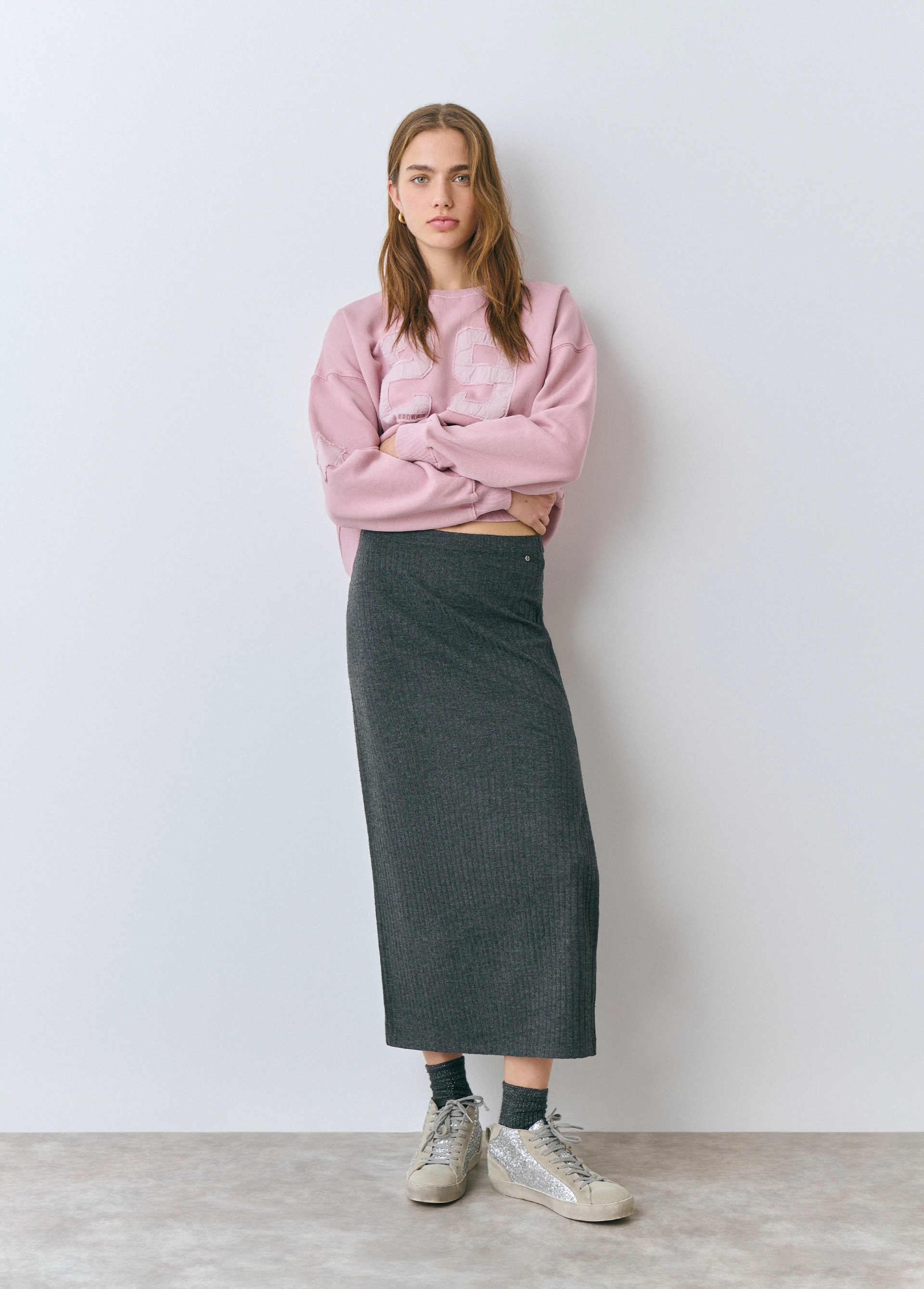 Soft feel ribbed midi skirt