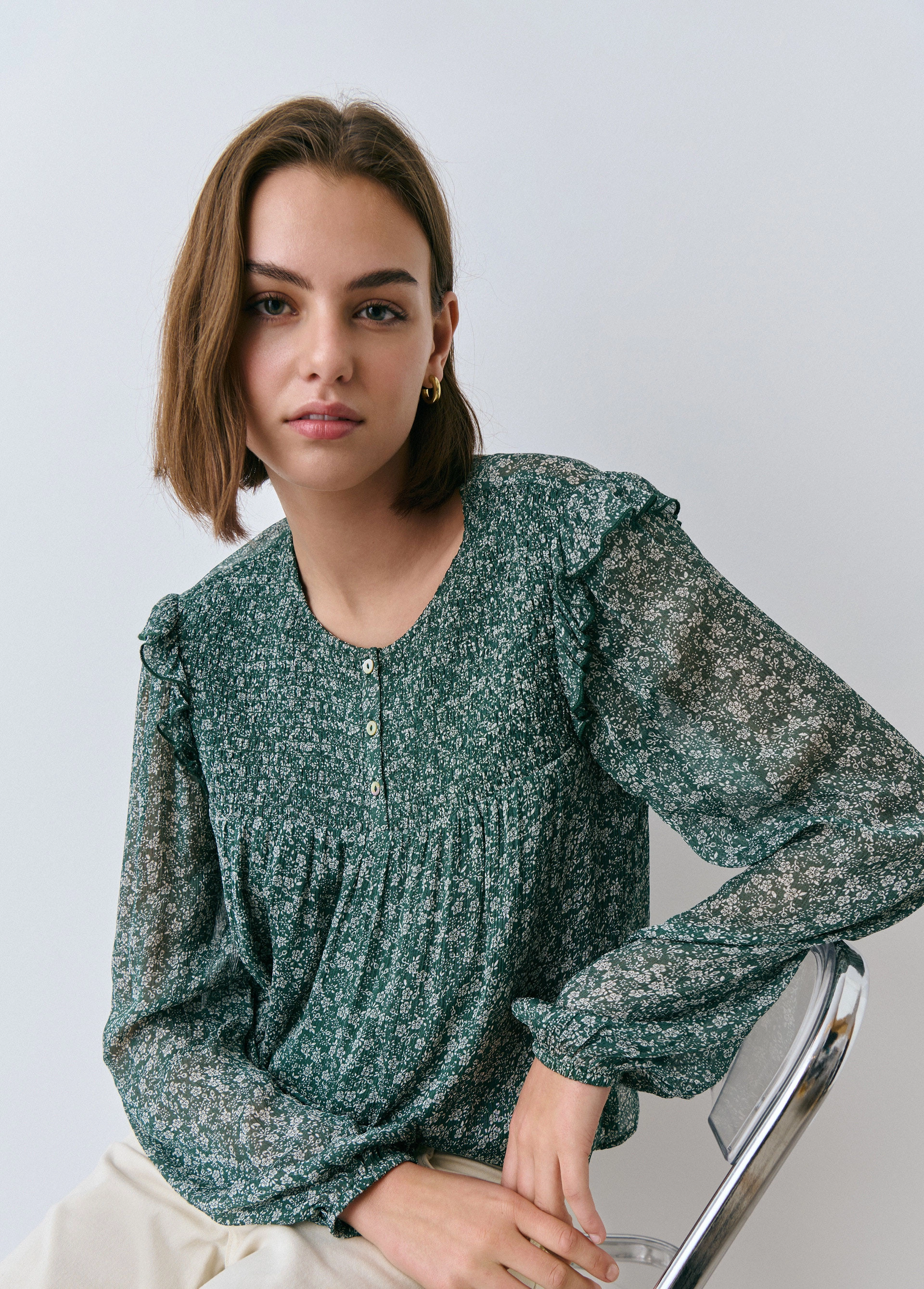 Two-tone floral print blouse