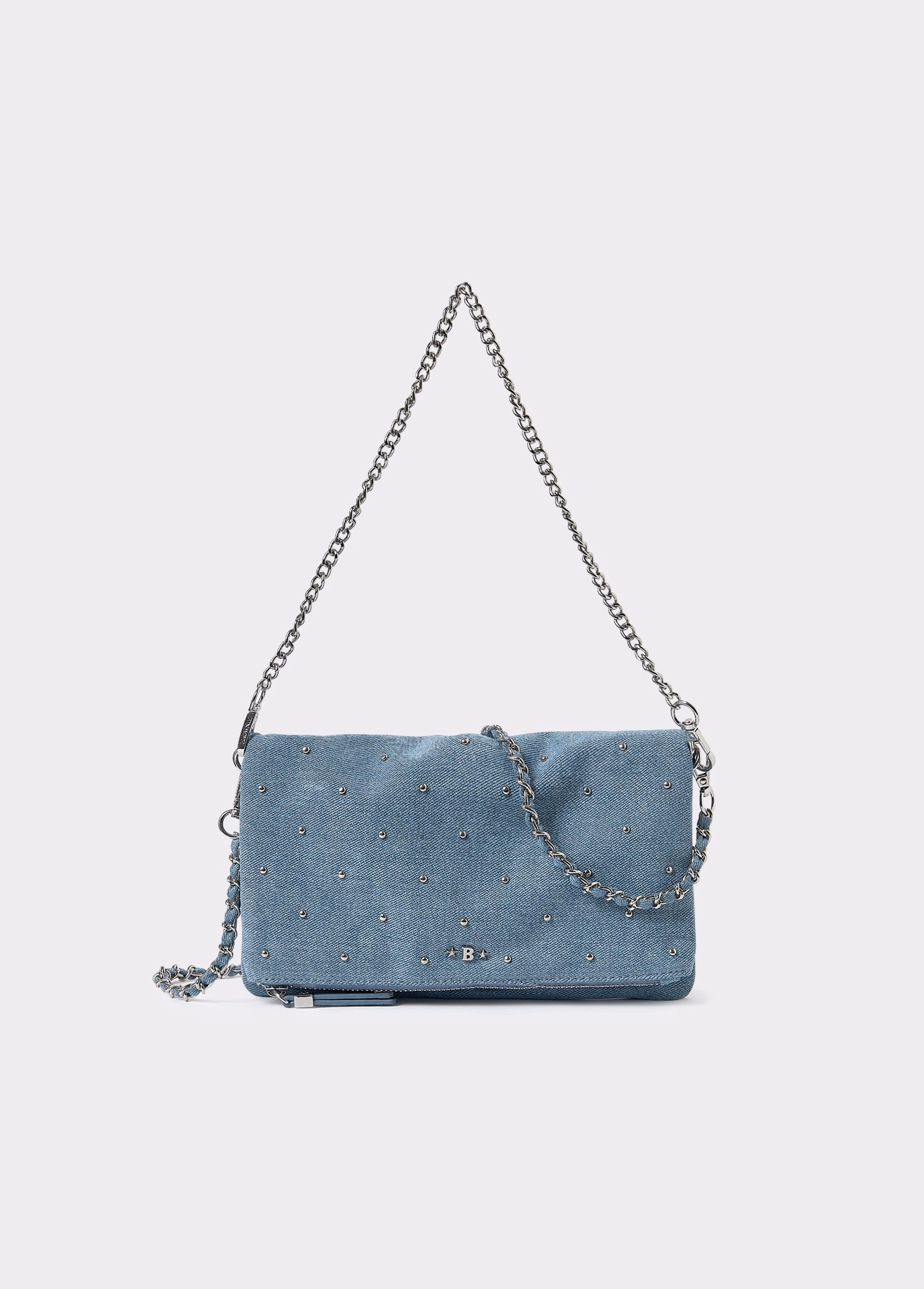 Denim flap bag with studs