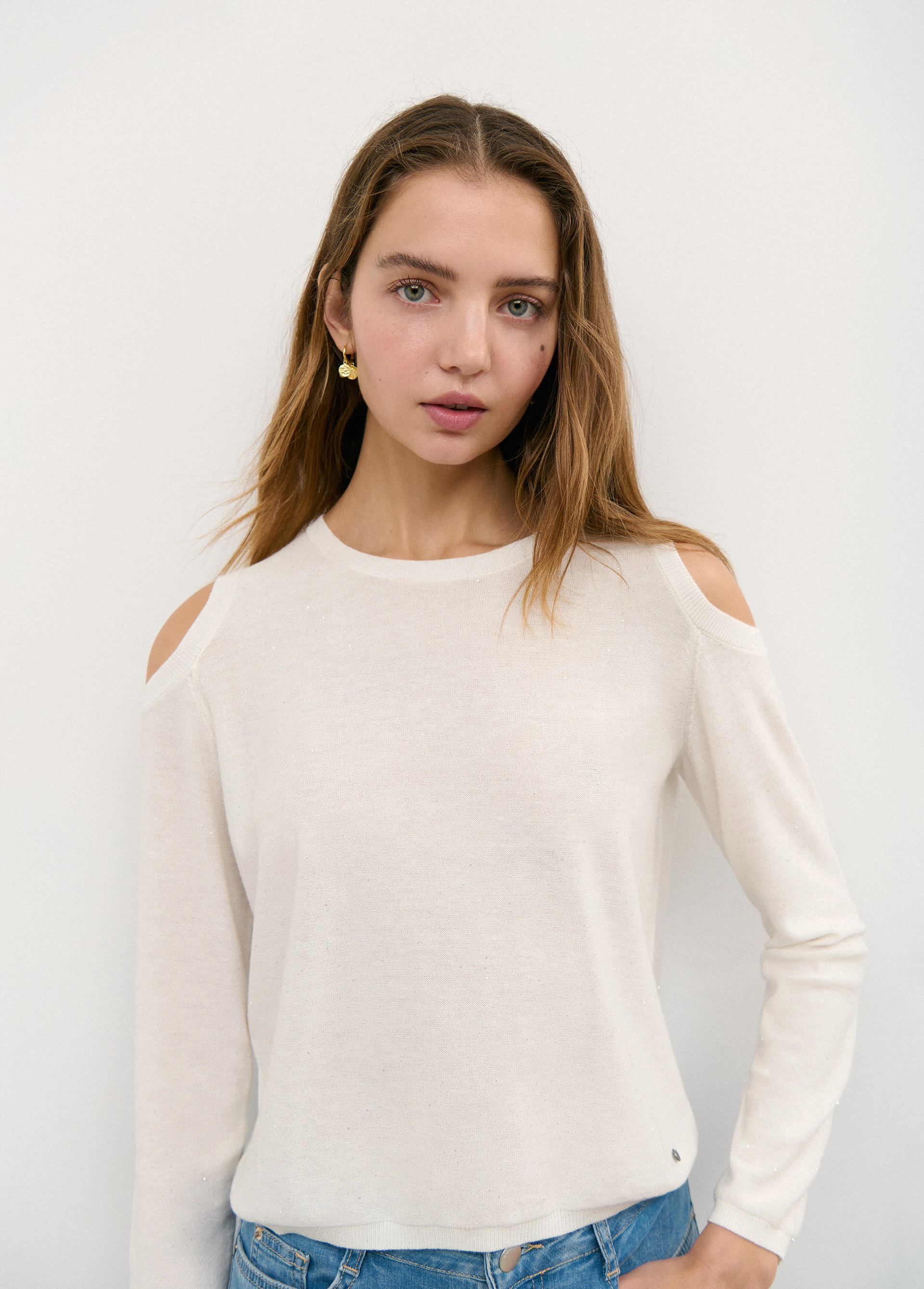 Sequinned cold-shoulder jumper